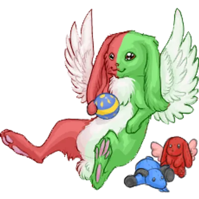 A winged bunny-cat creature, half red and half green, holding a ball. There are some plushies next to it.