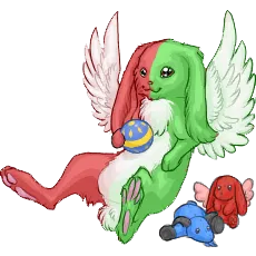 A red-and-green winged cat-rabbit creature with some toys