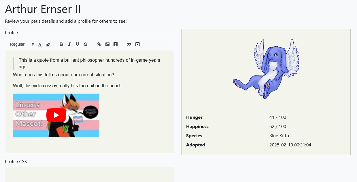 Screenshot of the edit pet profile page, showing a rich text editor with lots of options. A YouTube video about the Linux fox Xenia is embedded into the profile, and the thumbnail background is blue & pink.